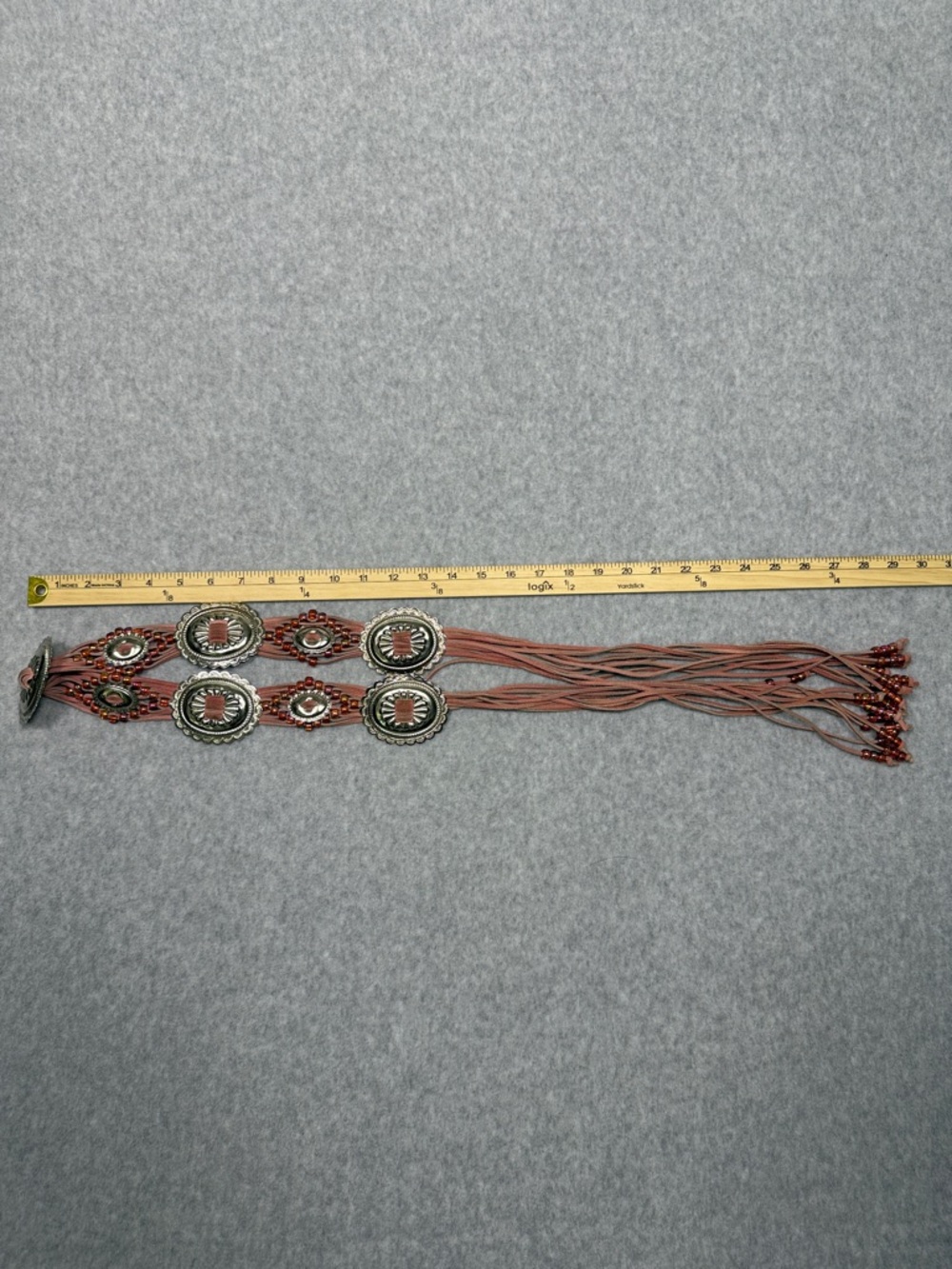 Vintage-Style Rose Boho/Western Fusion Tie-Style Belt Conchos & Beads 59” Long - Picture 4 of 5